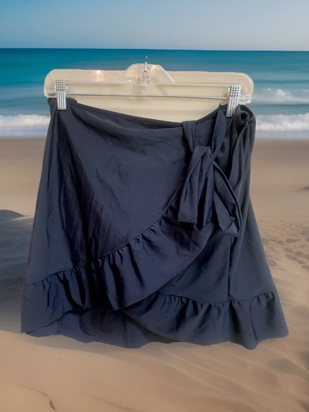NWT Beachsissi Swim Bottom Belted Wrap Skort Ruffle Hem Basic Black Sz XL